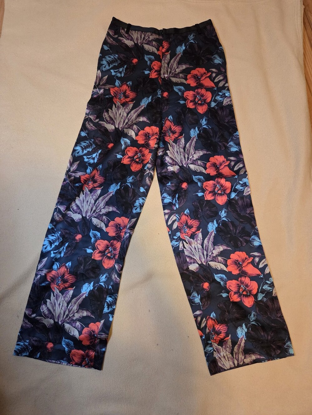 Marc By Marc Jacobs Floral Satin Wide-Leg Pants in Black, Coral and Blue